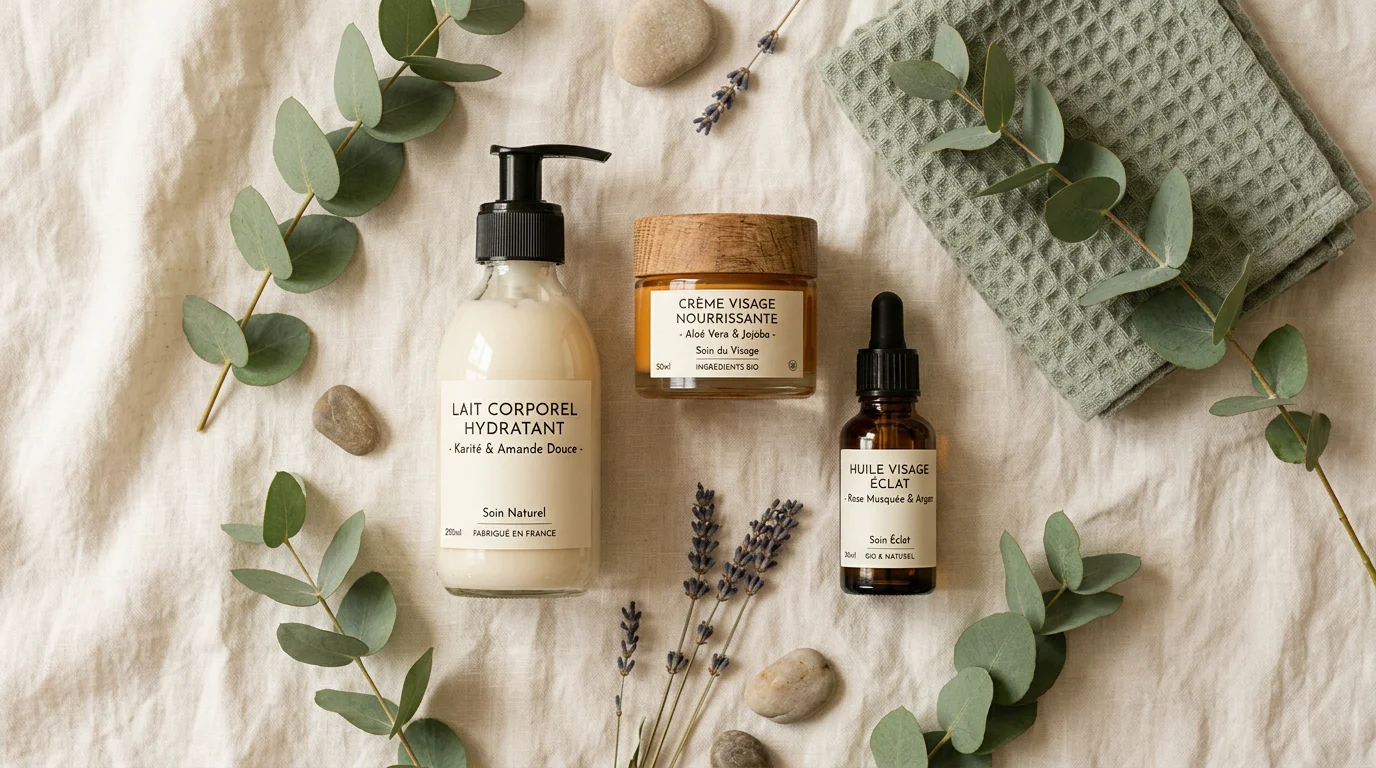 Produits de soin naturels disposés à plat sur un tissu en lin