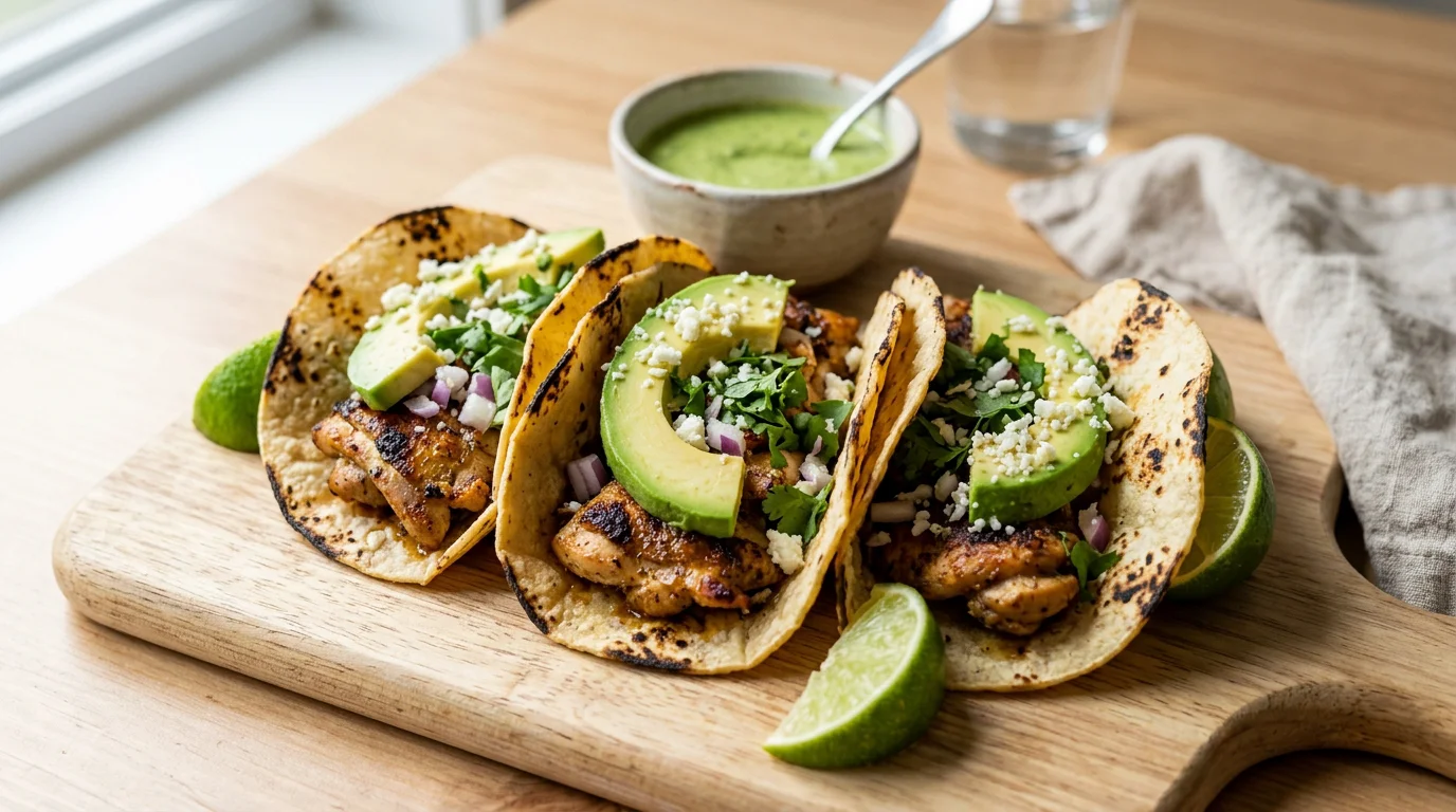 Tacos garnis d'avocat crémeux, de coriandre et de citron vert