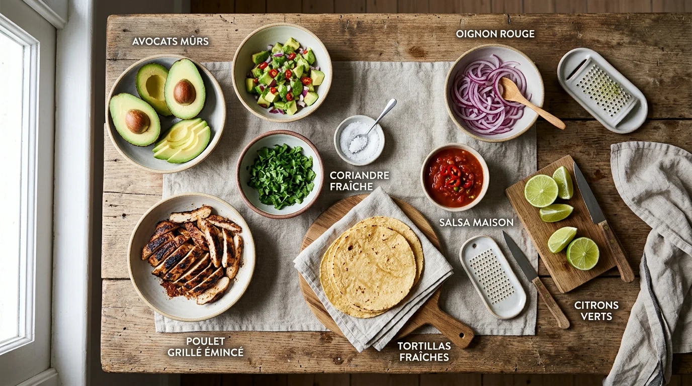 Ingrédients frais disposés pour préparer des tacos à l'avocat