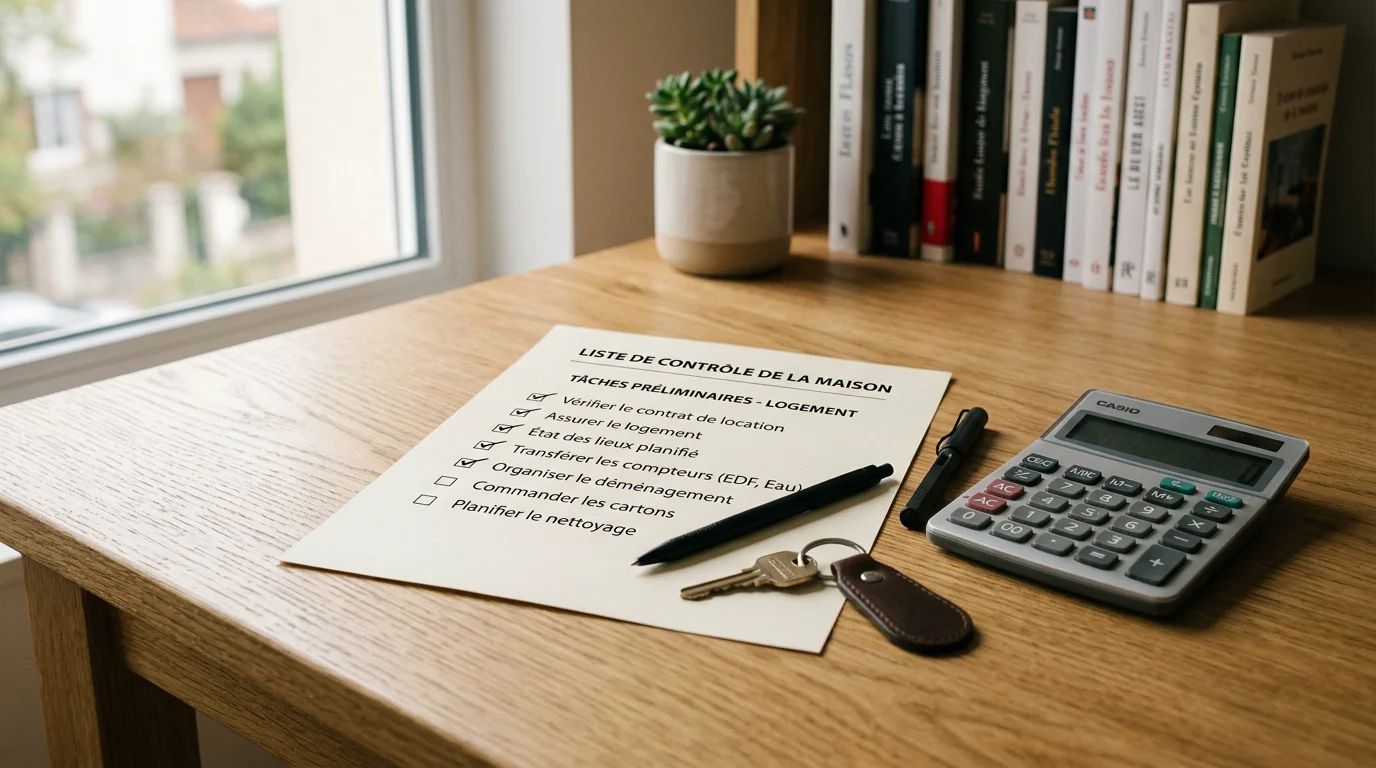 Bureau avec une liste de diagnostics immobiliers et une clé de maison