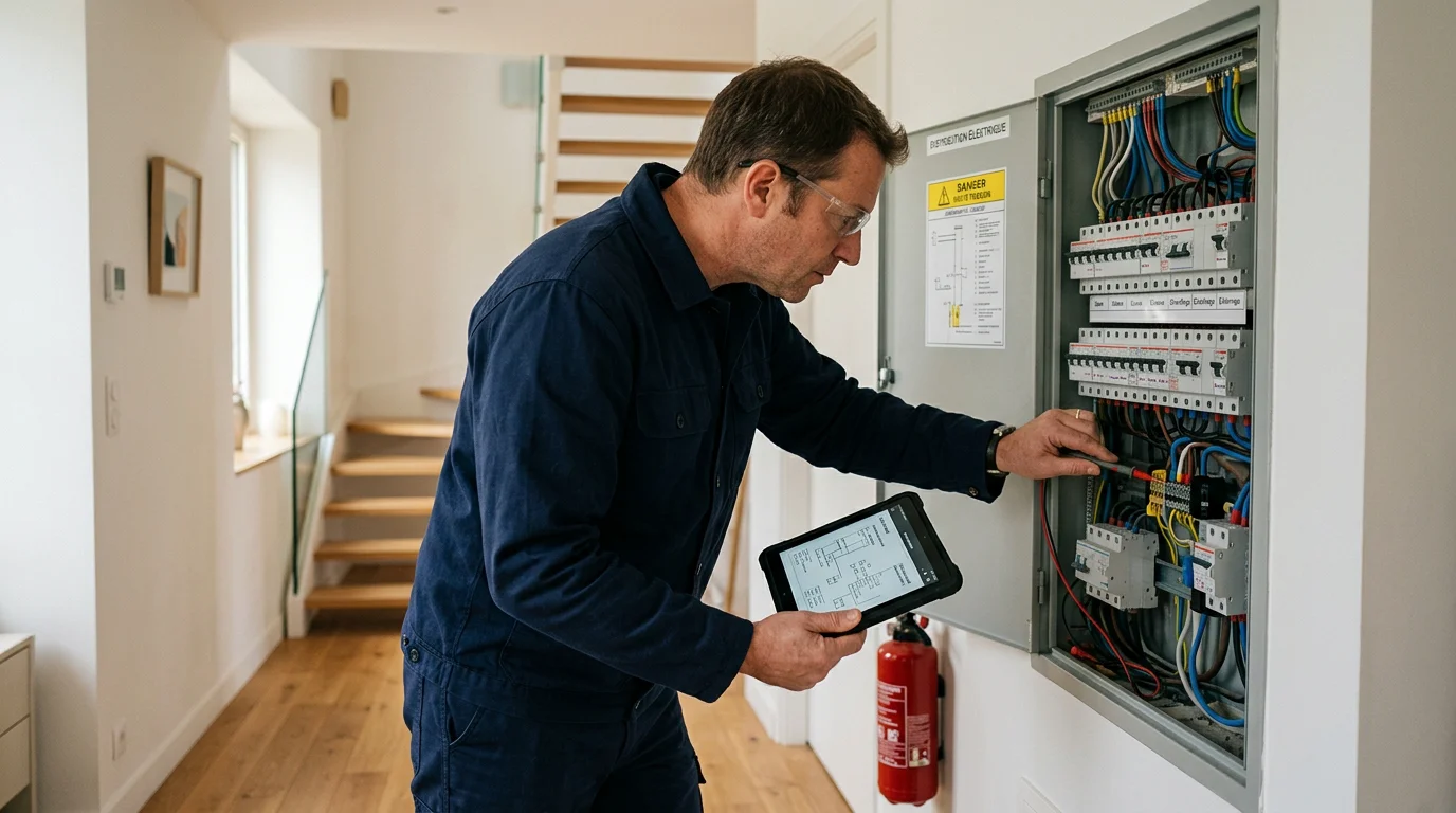 Diagnostiqueur examinant un tableau électrique lors d'un diagnostic immobilier