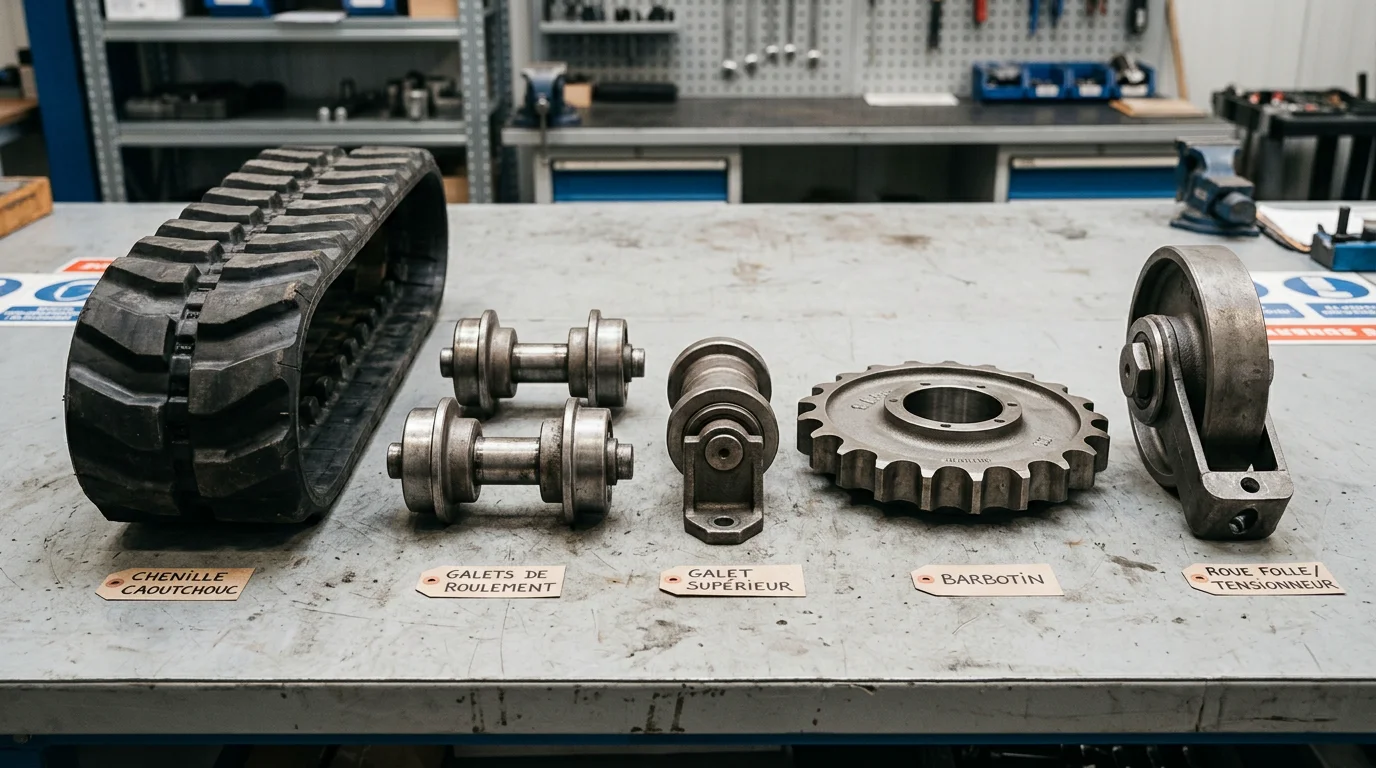 Composants du train de roulement d'une mini-pelle disposés sur un établi