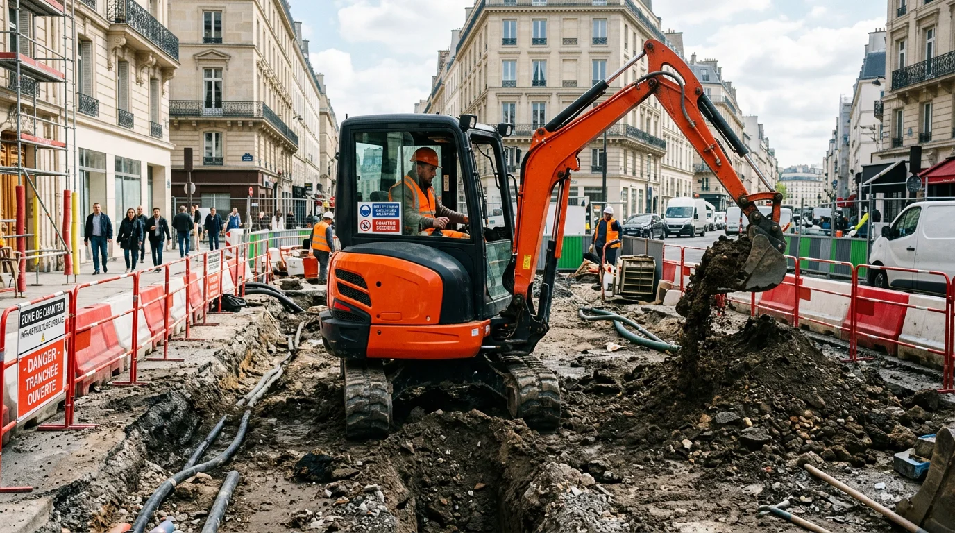 Mini-pelle compacte en action sur un chantier urbain