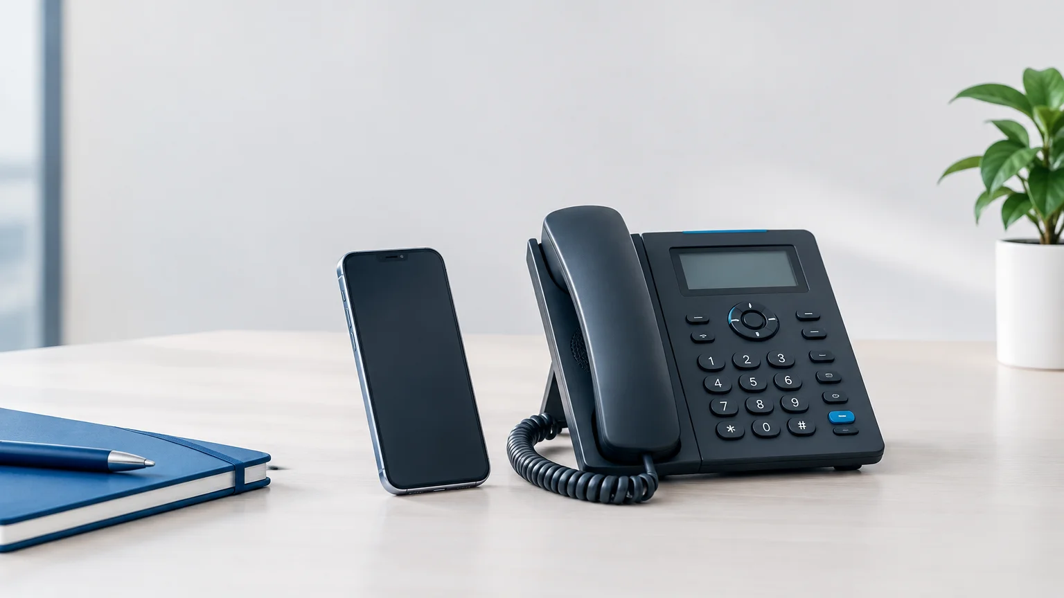 Téléphone mobile professionnel et téléphone fixe de bureau illustrant le choix d’un numéro d’entreprise
