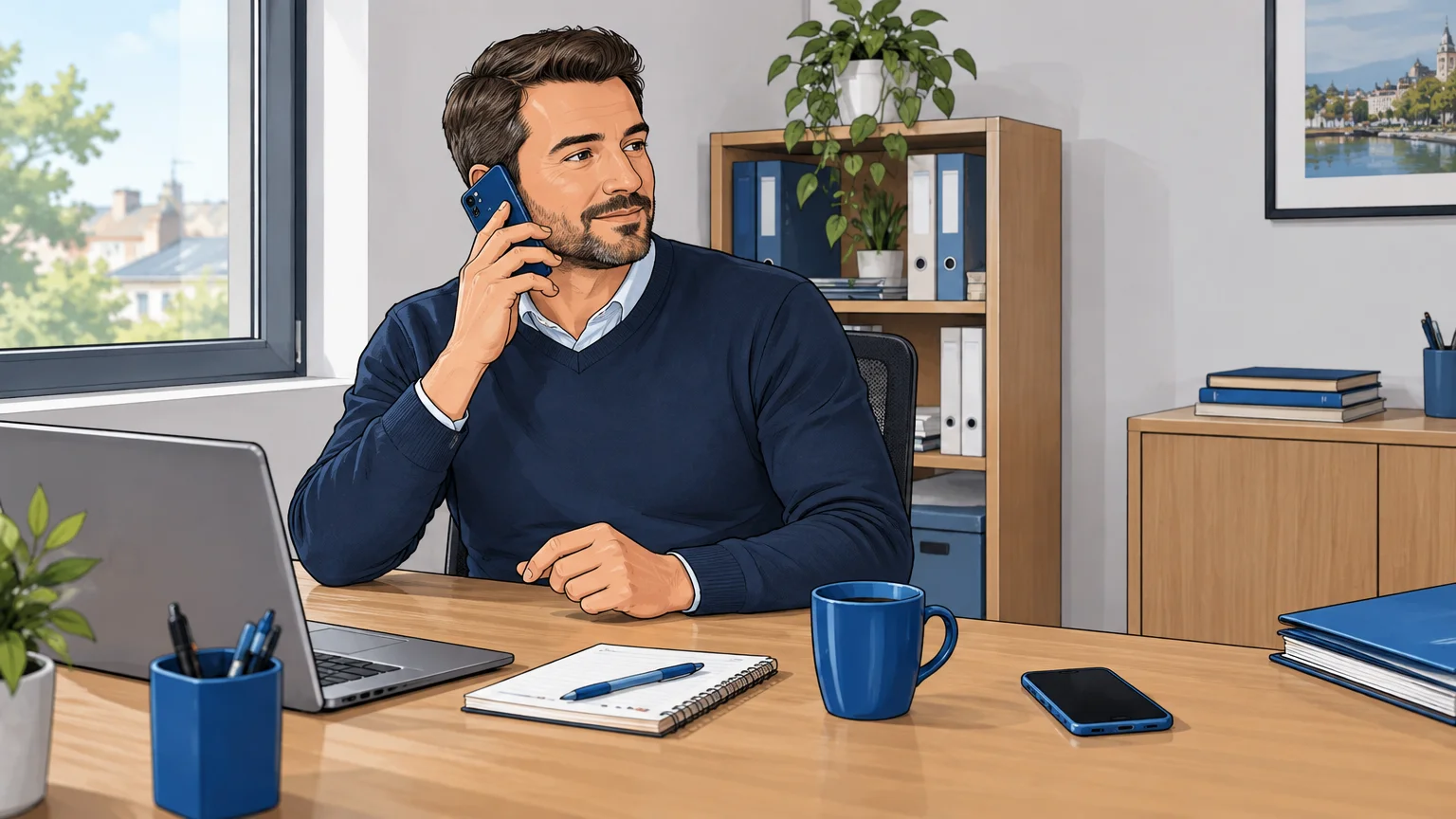 Dirigeant de petite entreprise répondant à un appel professionnel tout en gardant son téléphone personnel à l’écart