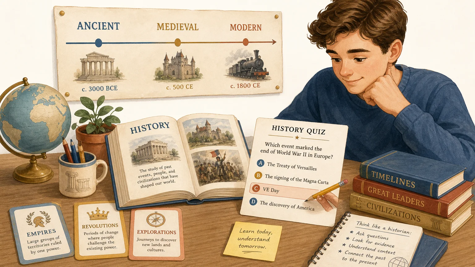 Friendly history quiz study scene with question cards, a timeline, and a globe