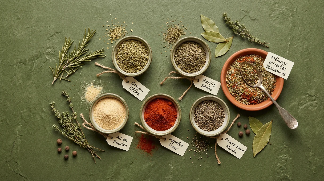 Bols d'herbes et d'épices composant un mélange à l'italienne
