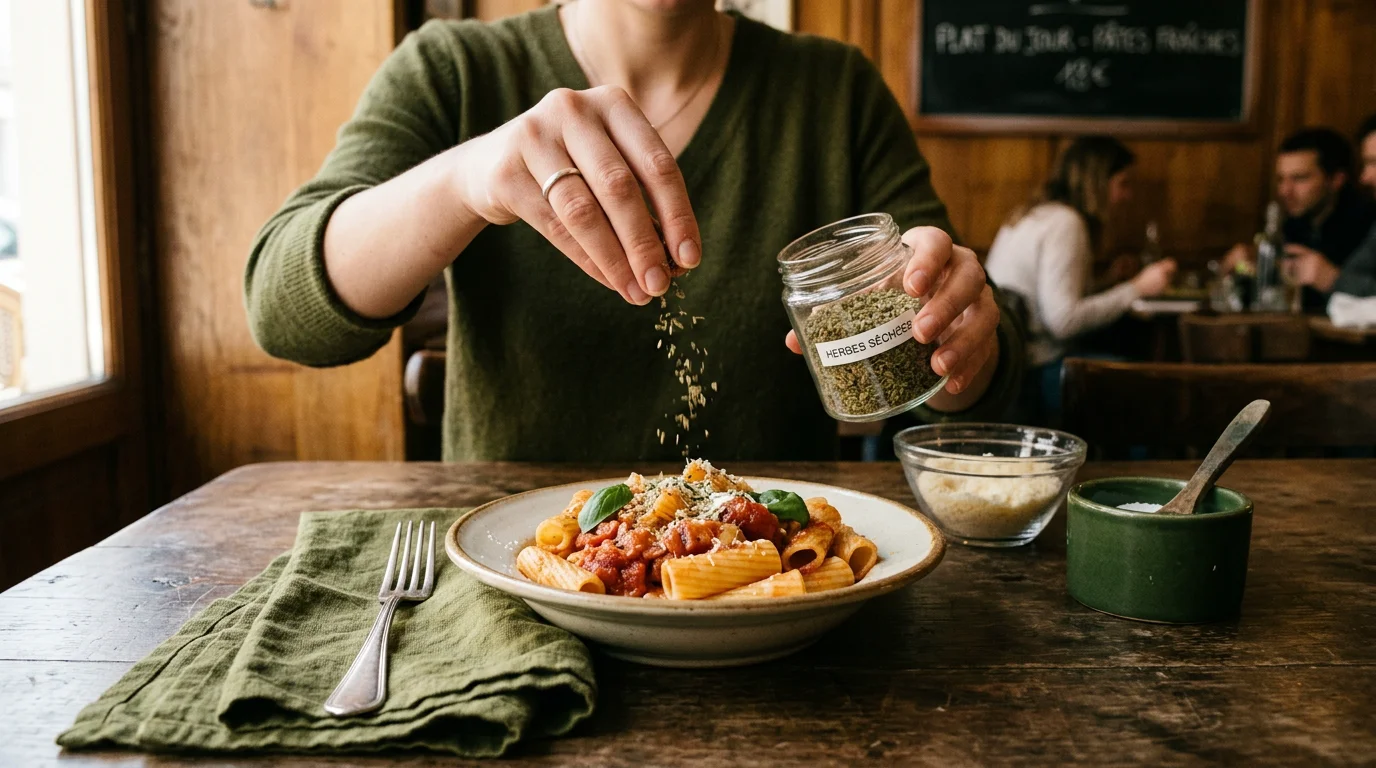 Assaisonnement d'un plat de pâtes avec un mélange d'herbes à l'italienne