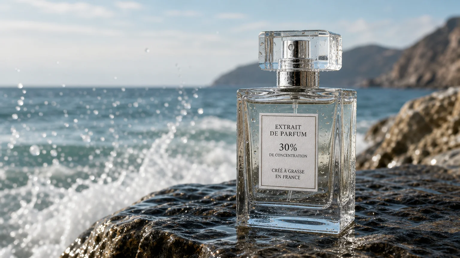 Flacon de parfum transparent posé sur une pierre humide près de la mer