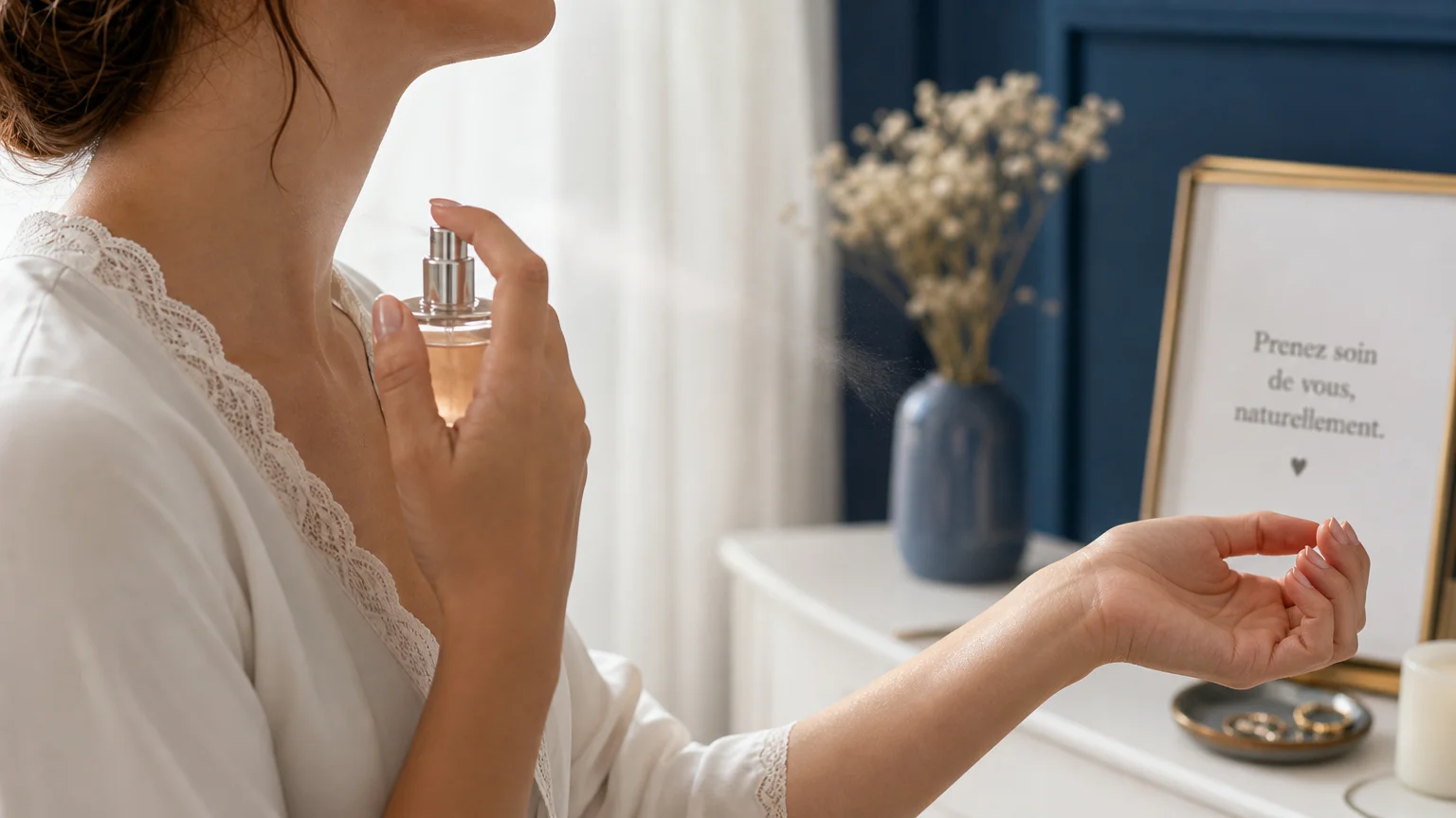 Application d'un parfum sur le cou et le poignet