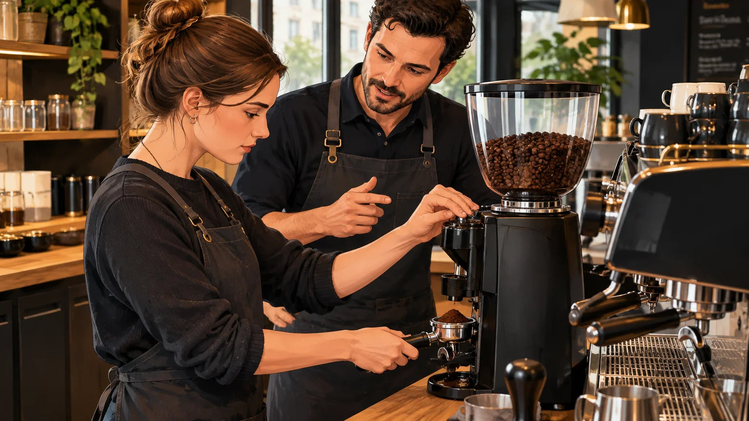 Une élève s’entraîne à l’espresso avec l’accompagnement d’un formateur