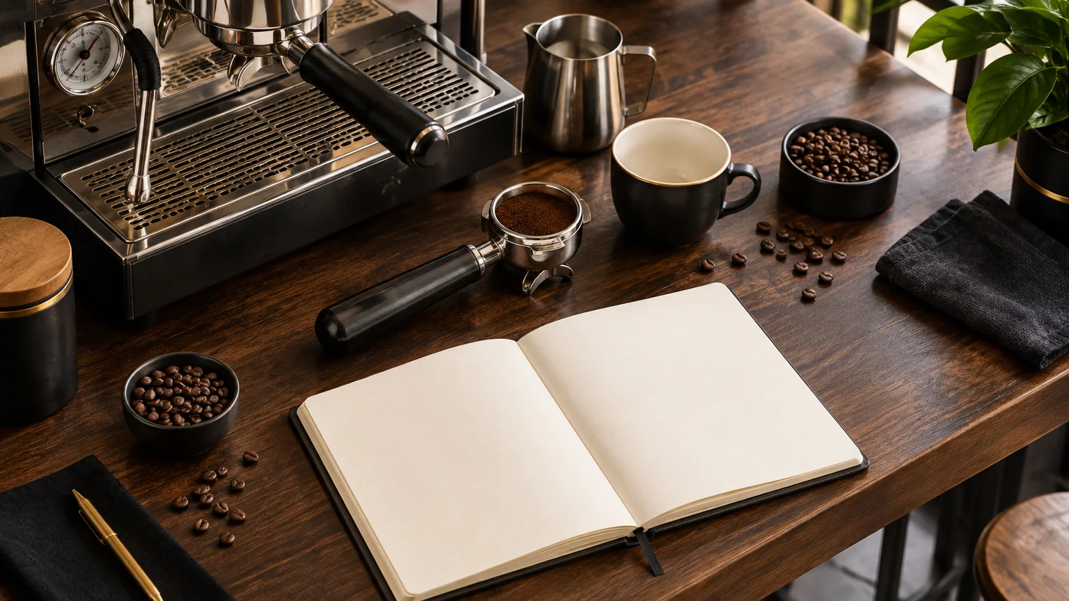 Matériel de barista et carnet vierge préparés pour une formation pratique