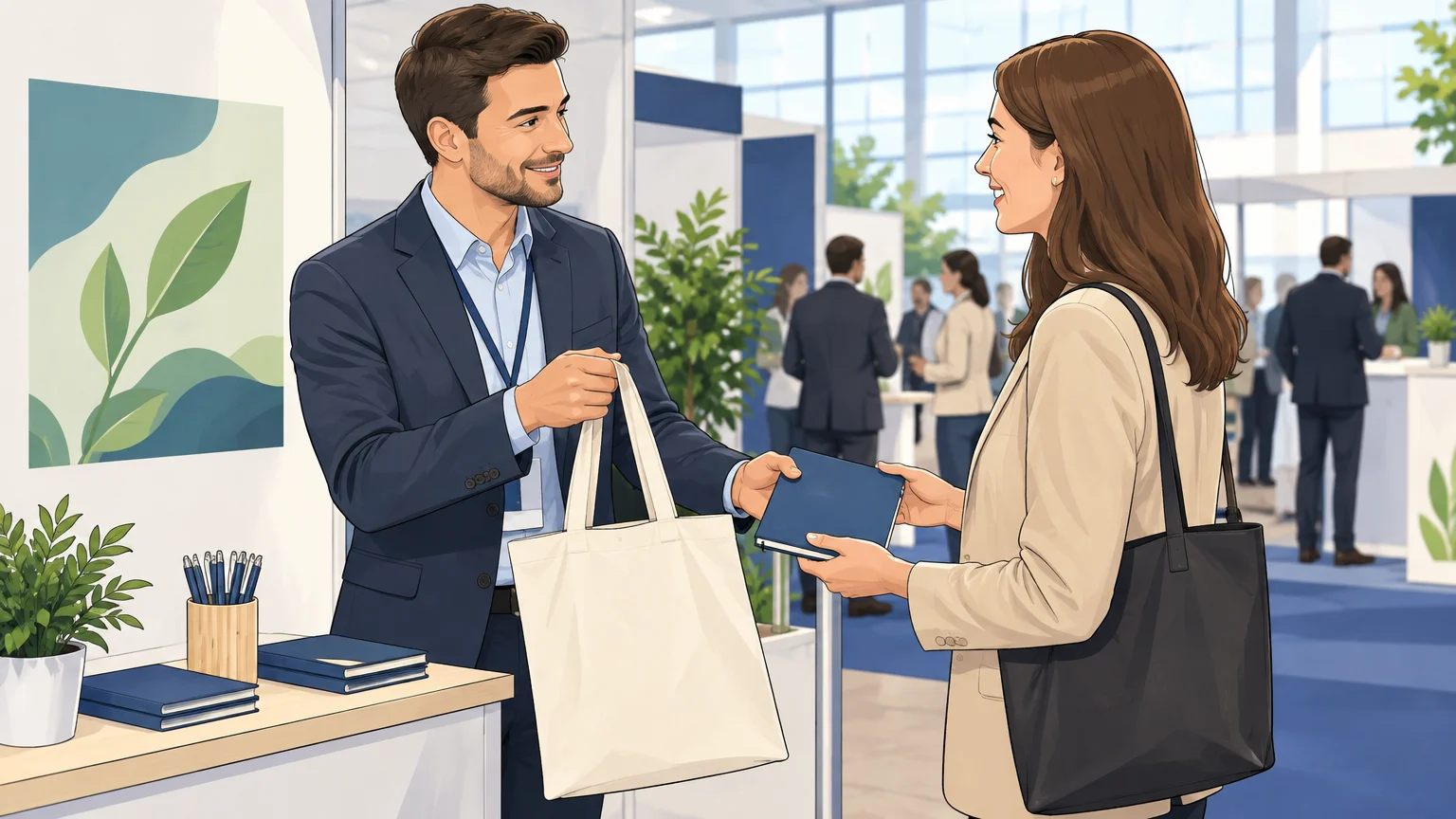 Remise d’un sac et d’un carnet lors d’un salon professionnel