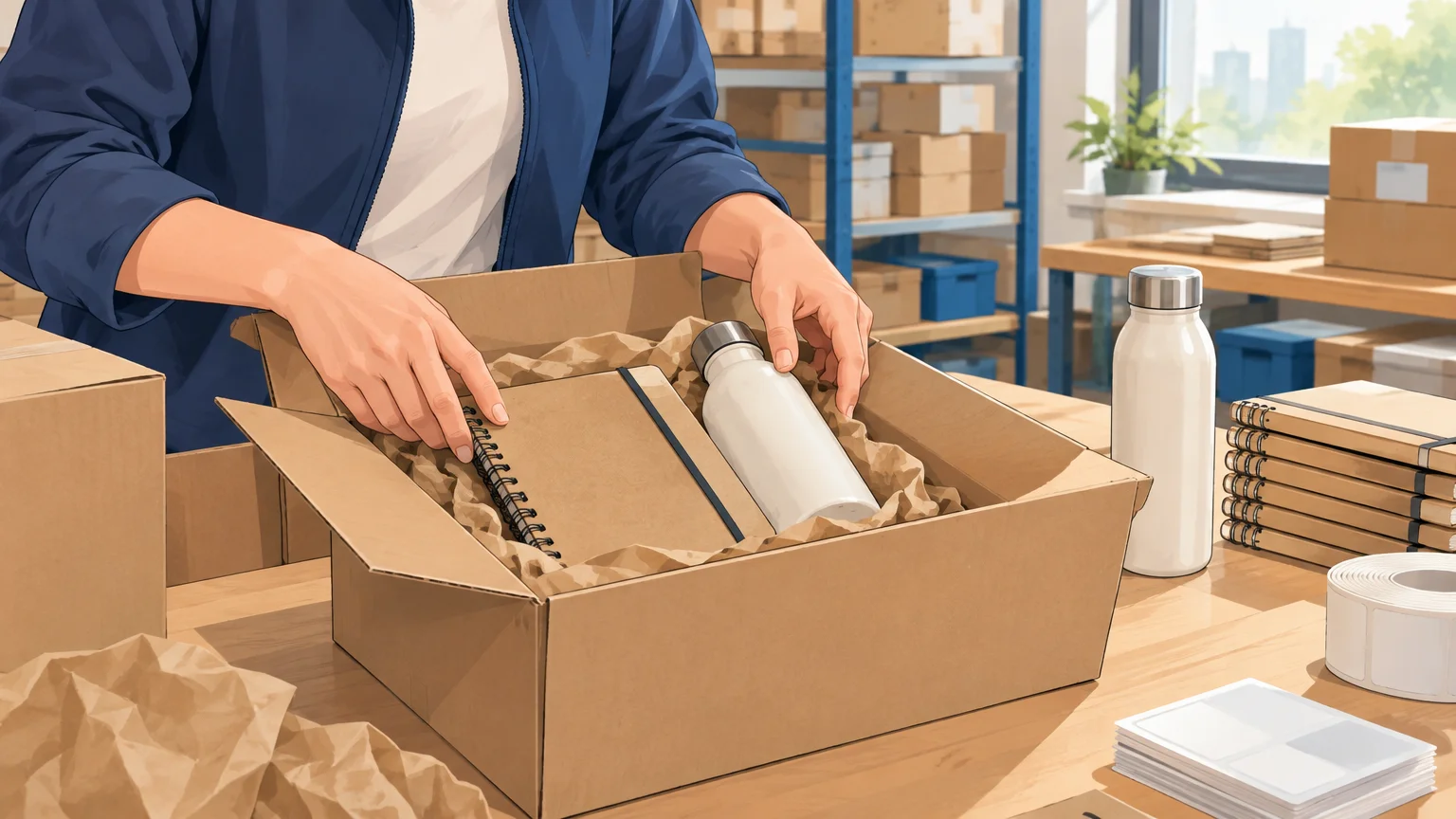 Préparation et emballage d’objets publicitaires pour une distribution