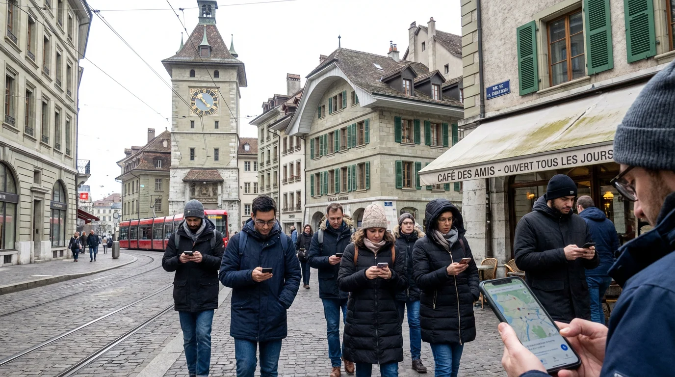 Passants utilisant leur smartphone dans une rue suisse