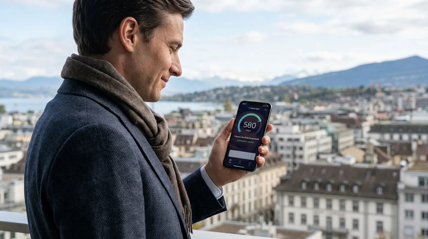 Personne consultant les vitesses de telechargement 5G sur un smartphone en ville