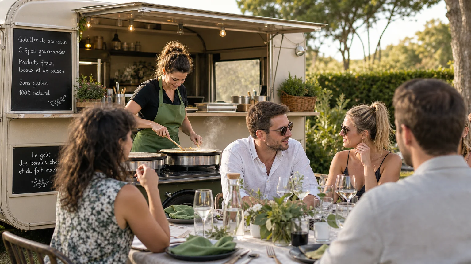 Anniversaire en extérieur avec un food truck et une préparation culinaire en direct