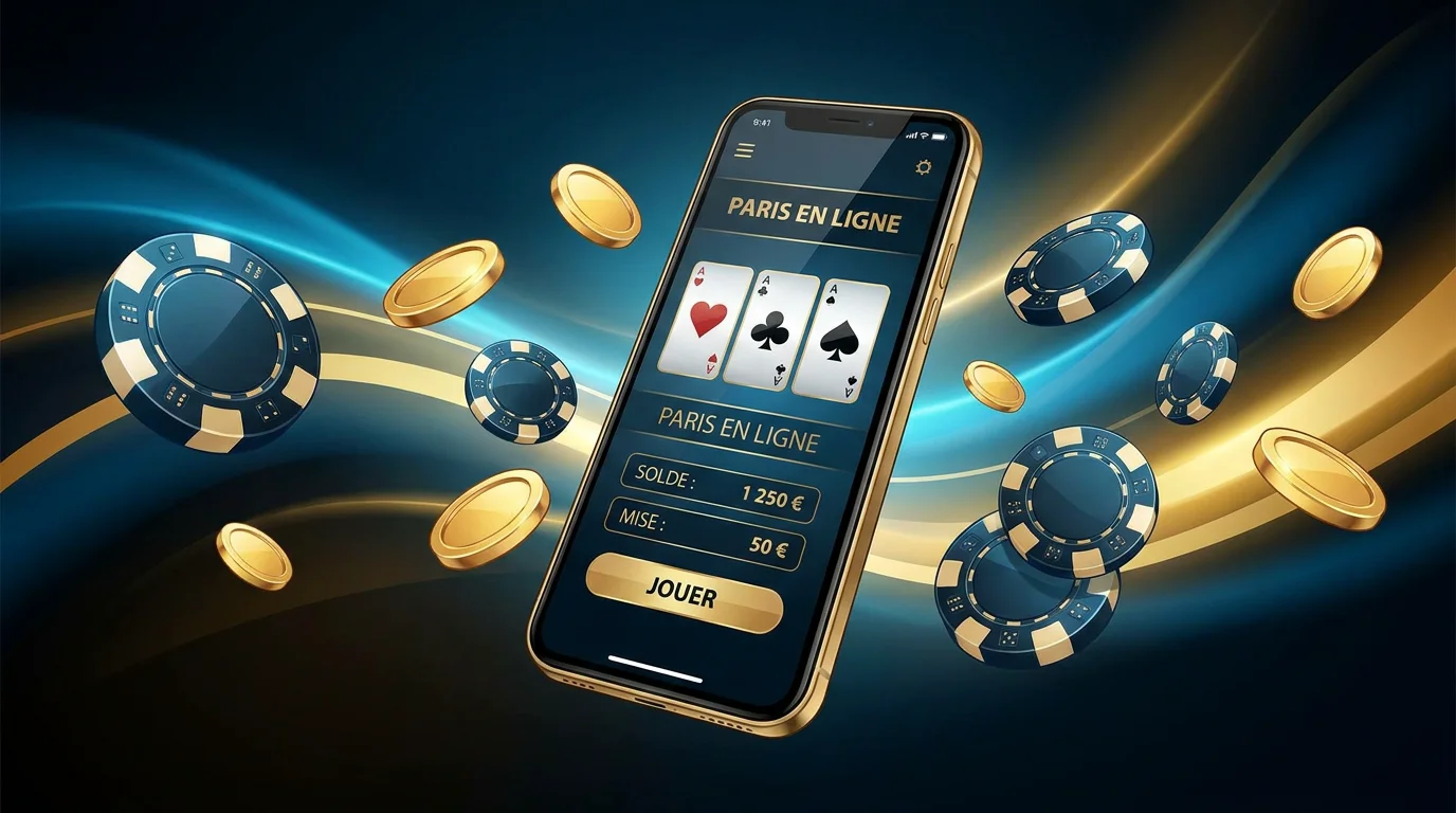 Interface de casino en ligne sur smartphone avec jetons et pièces dorées