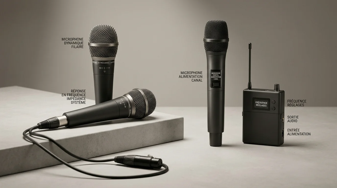 Comparaison entre un micro filaire à câble XLR et un modèle sans fil sur fond neutre