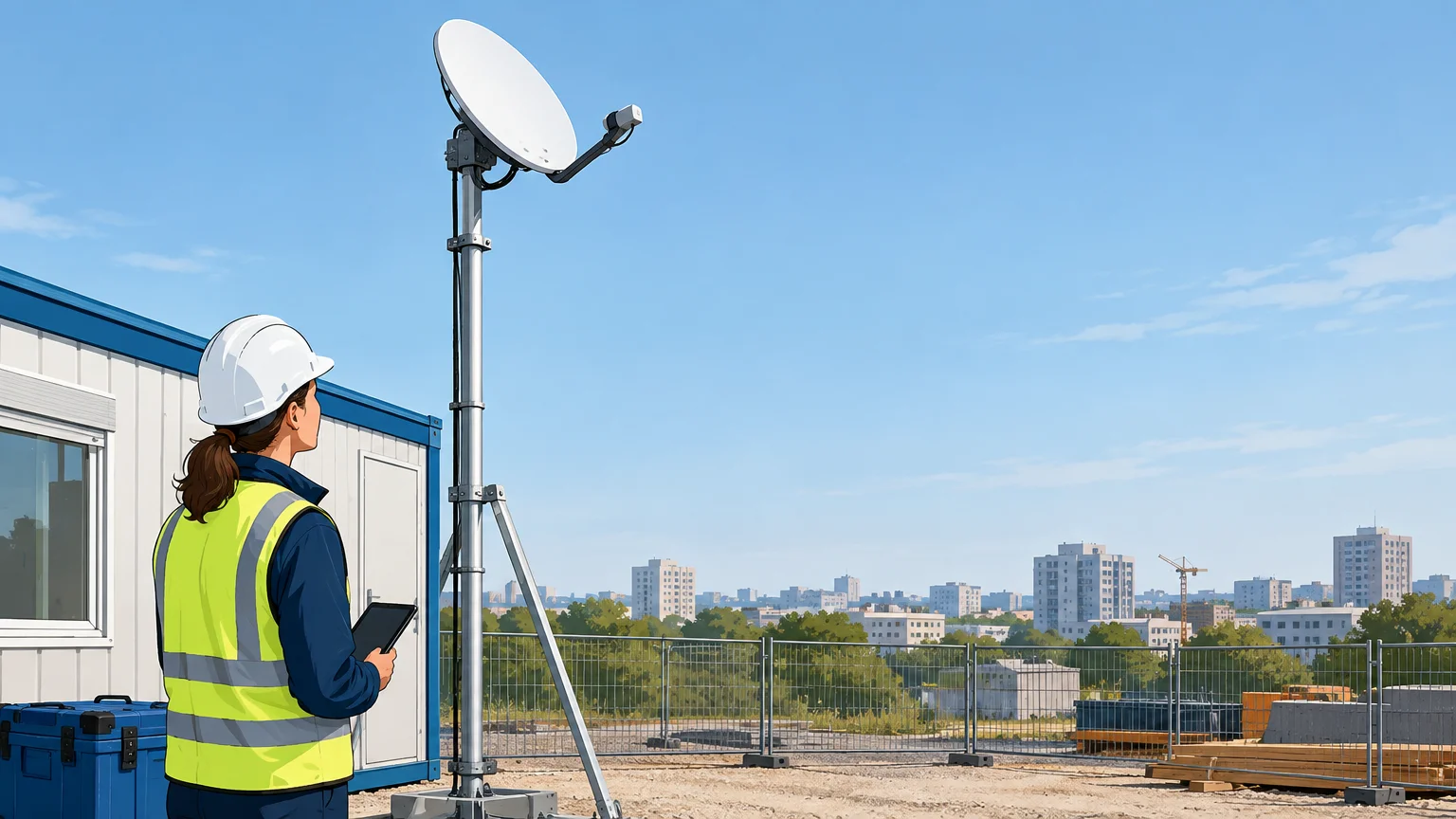 Antenne satellite professionnelle sur un chantier temporaire en Île-de-France