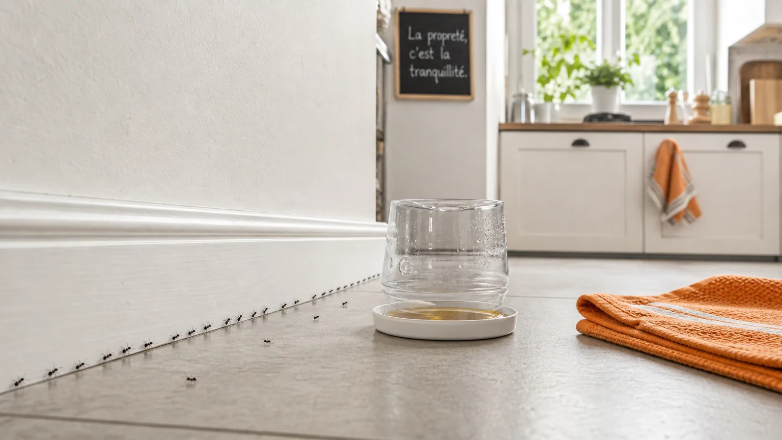 Piège à fourmis maison posé au sol d'une cuisine avec une file de fourmis le long de la plinthe