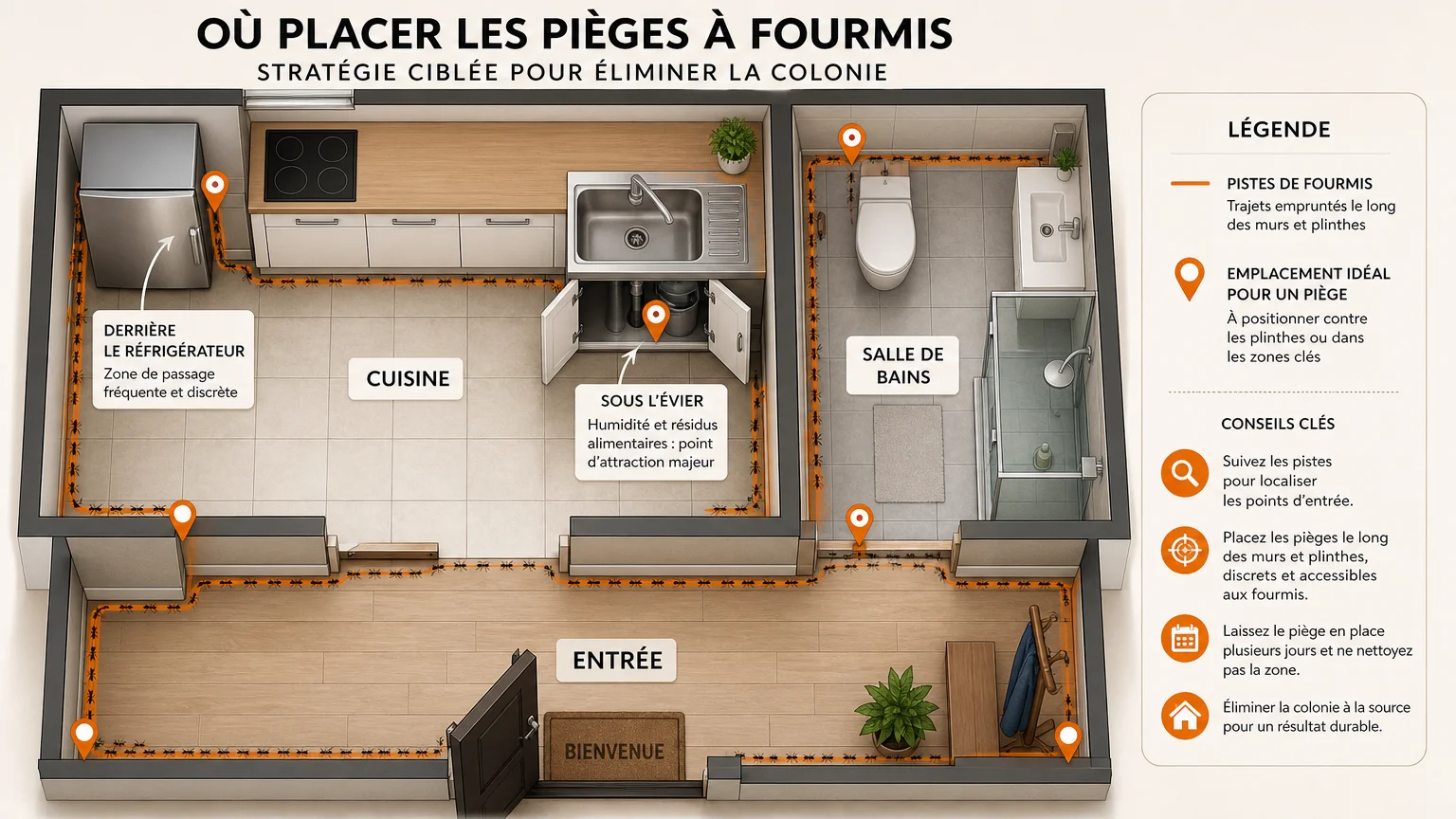 Schéma des meilleurs emplacements pour poser un piège à fourmis dans la maison
