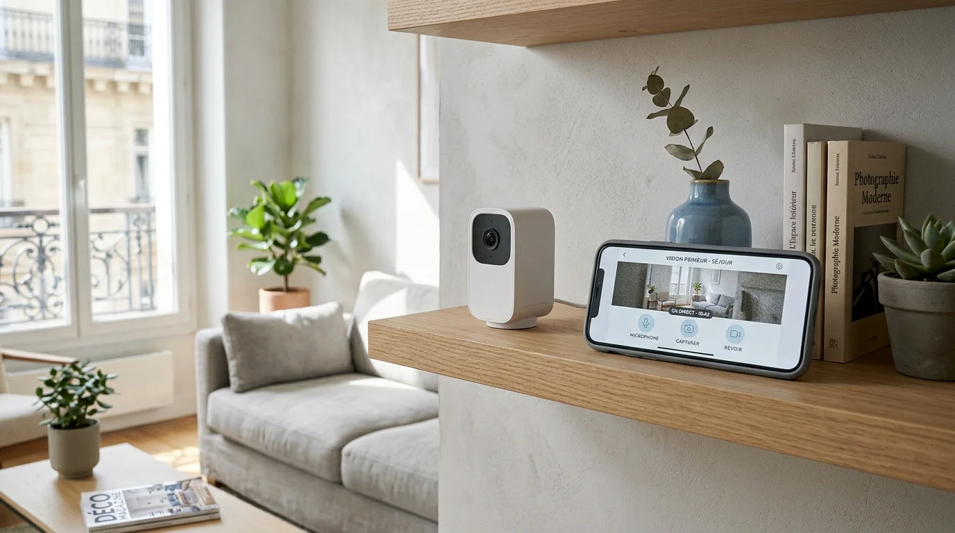 Caméra intérieure WiFi sans fil posée sur une étagère avec application mobile