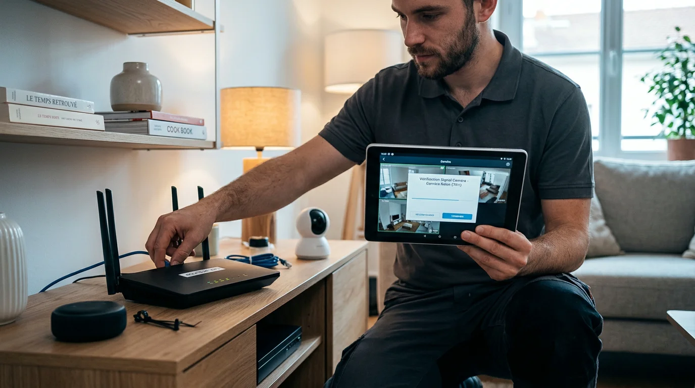 Technicien configurant le réseau WiFi d'une caméra de surveillance intérieure