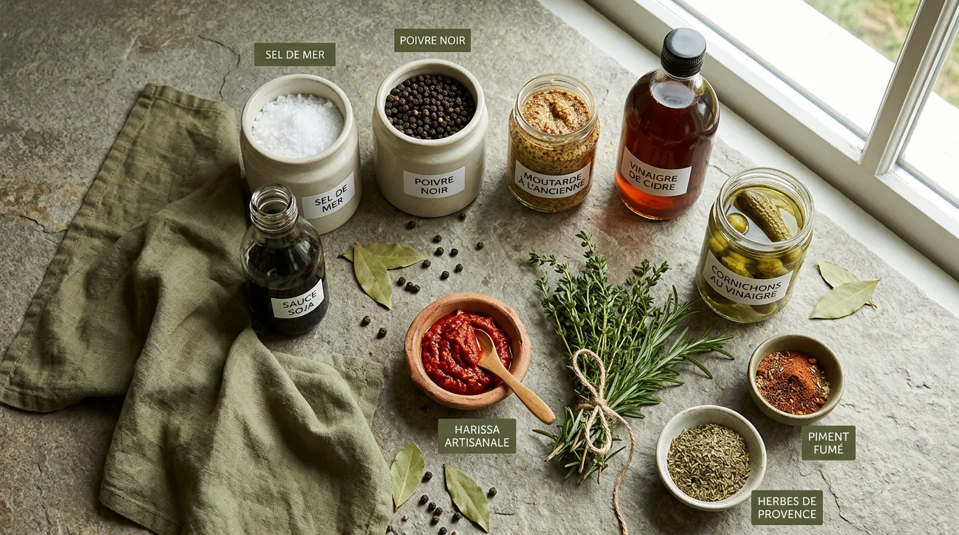 Assortiment de condiments variés disposés sur un plan de travail