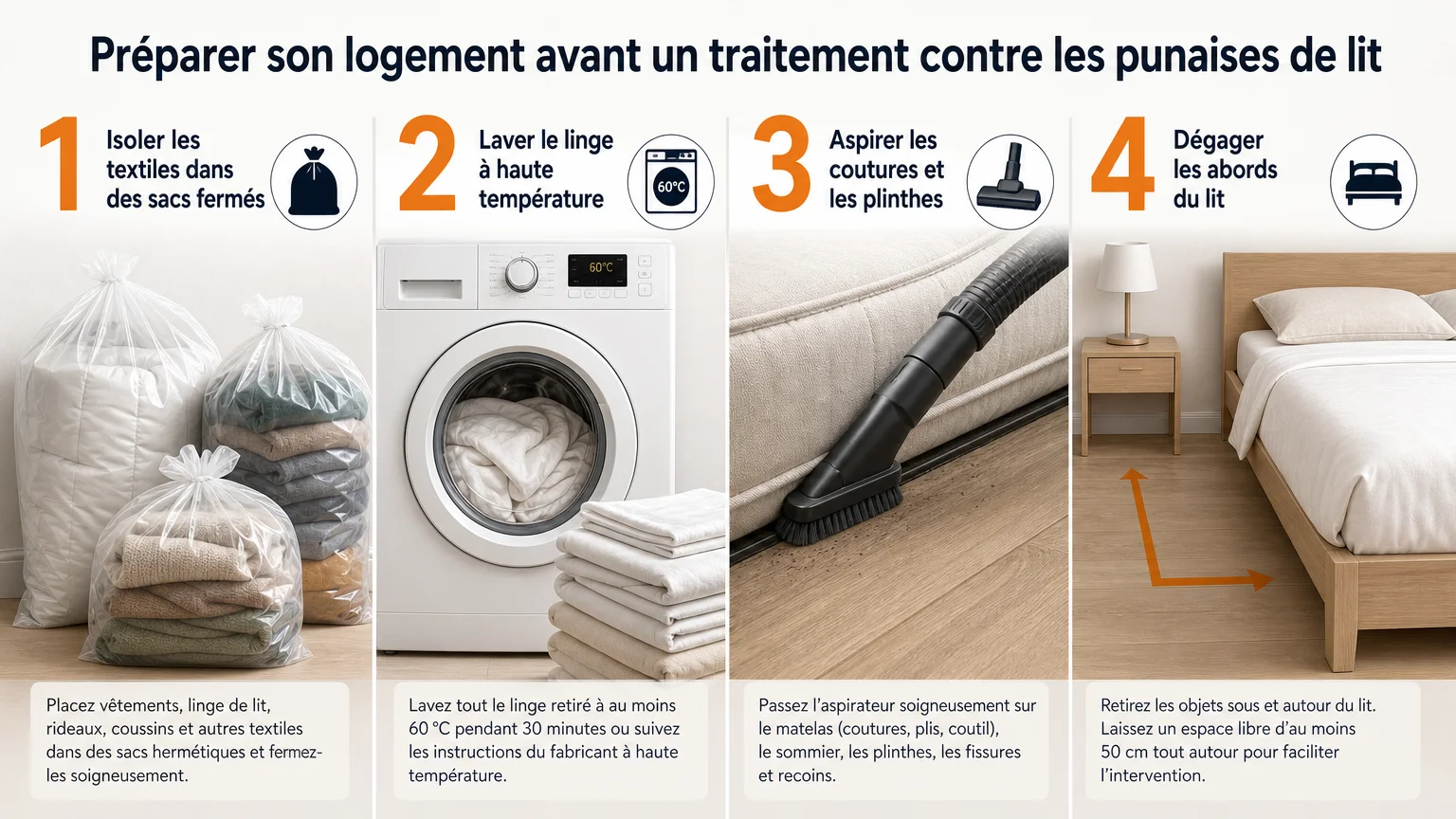 Checklist illustrée pour préparer un logement avant un traitement contre les punaises de lit