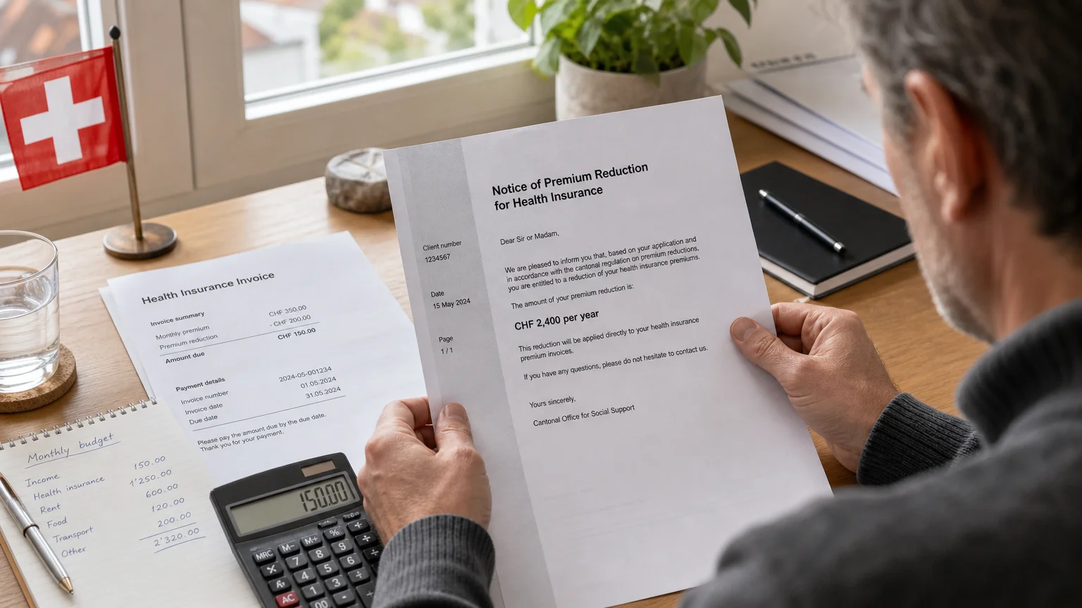 Resident reviewing a Swiss health insurance premium reduction decision