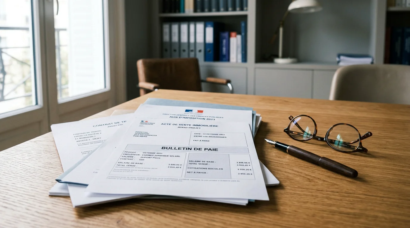 Documents et justificatifs de revenus posés sur un bureau juridique