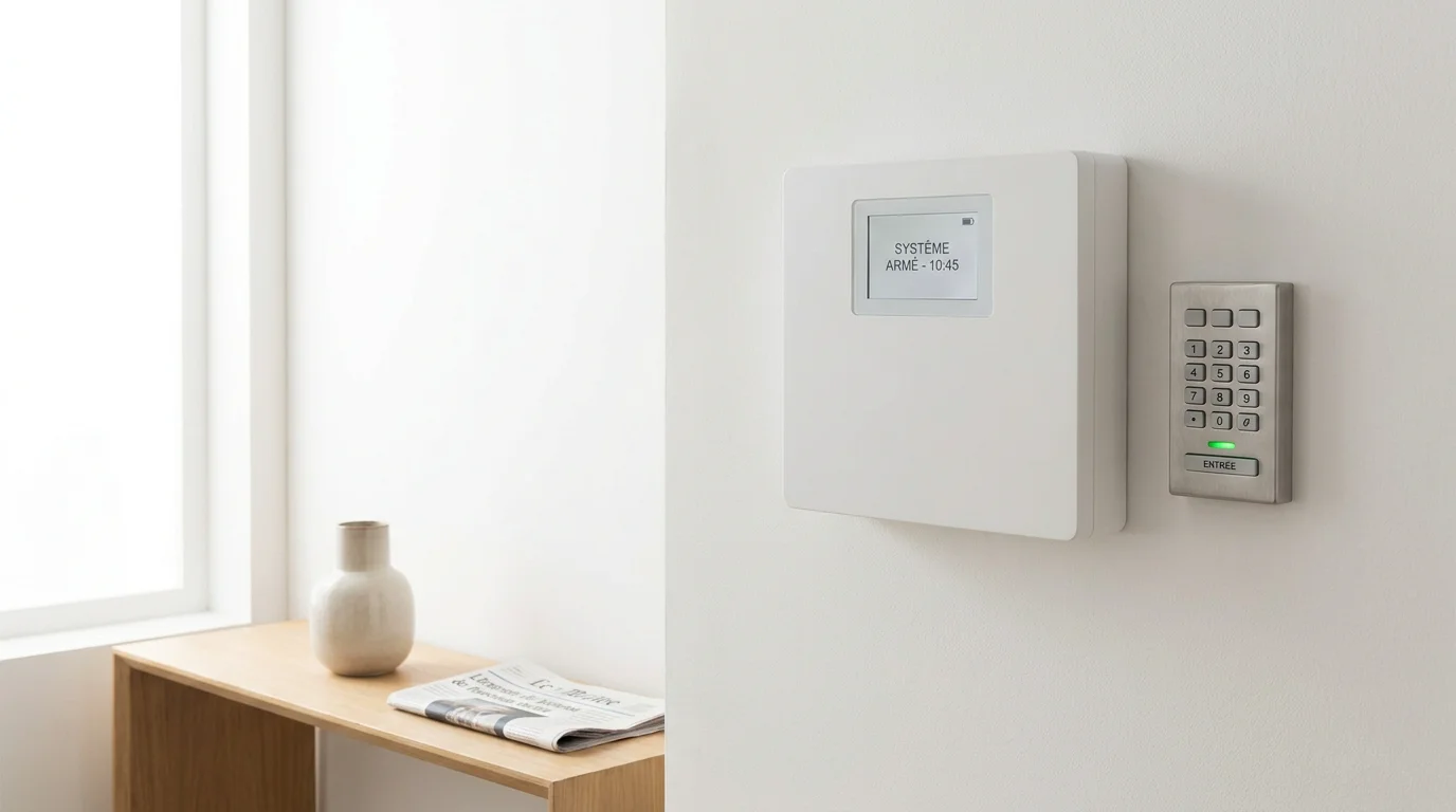 Système d'alarme sans fil installé dans un intérieur résidentiel français