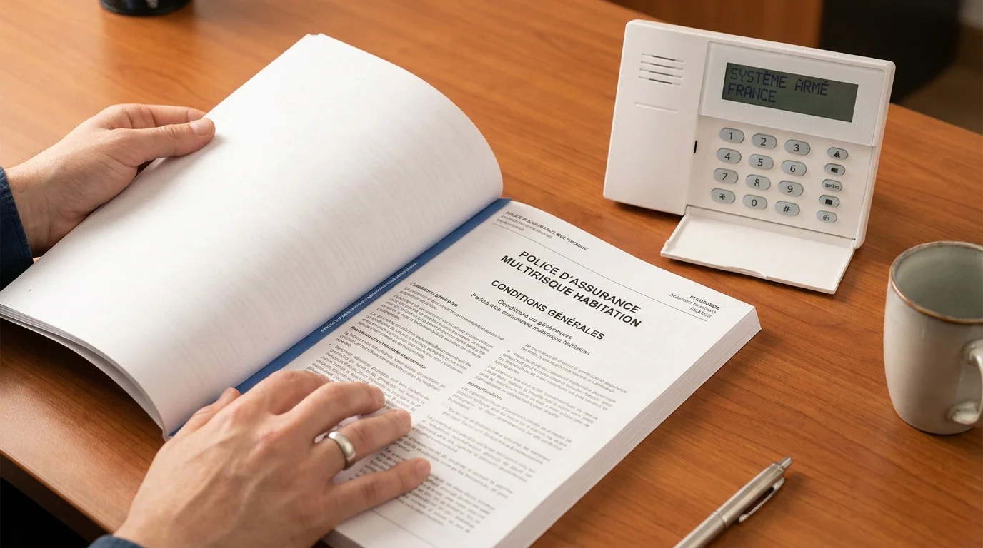 Document d'assurance et panneau de commande d'alarme sans fil sur un bureau