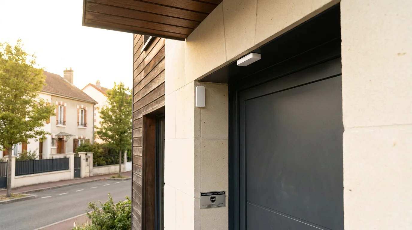 Capteur d'alarme wifi sans fil installé près de la porte d'entrée d'une maison française