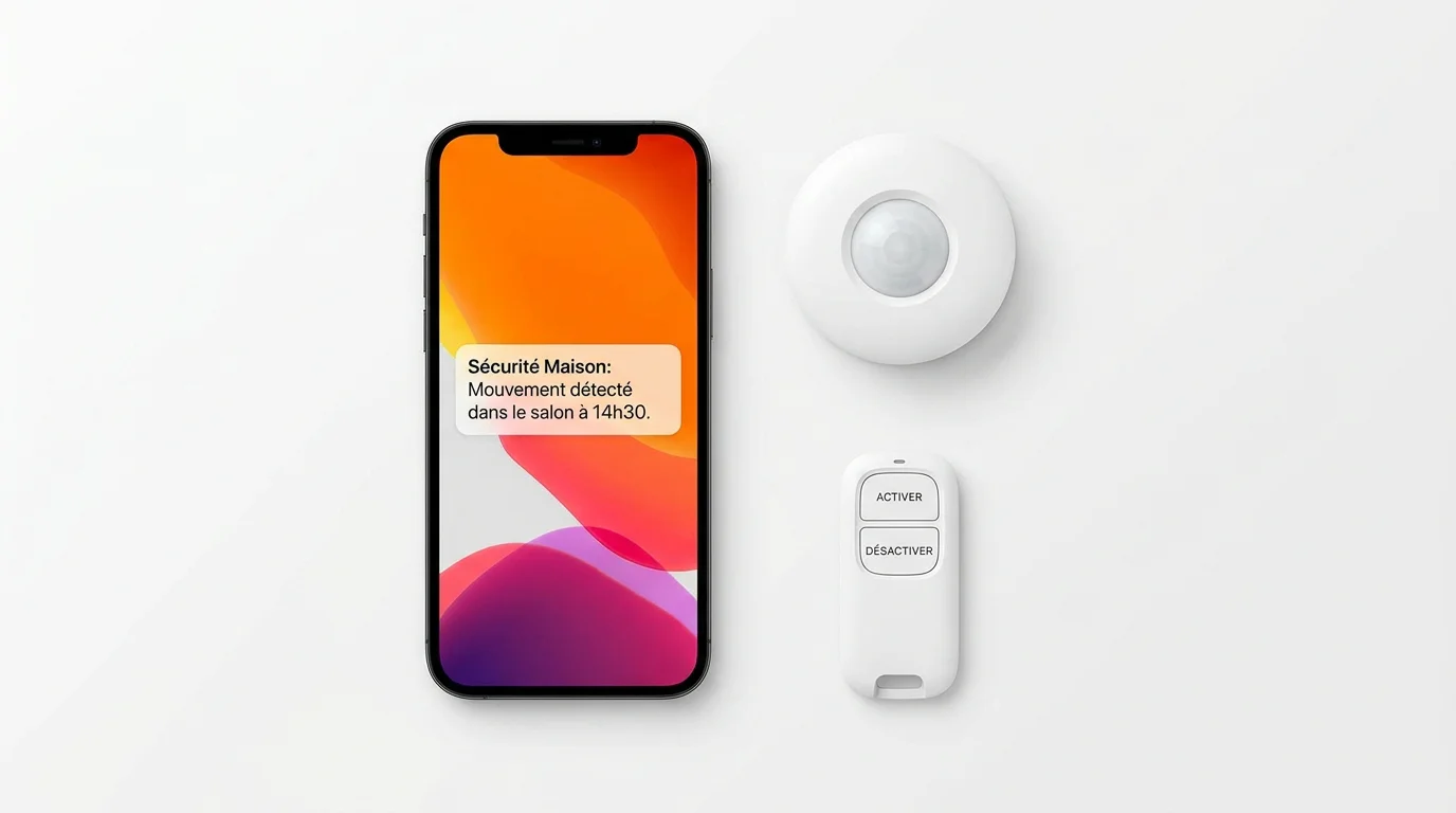 Smartphone affichant une notification d'alarme wifi à côté d'un détecteur de mouvement sans fil