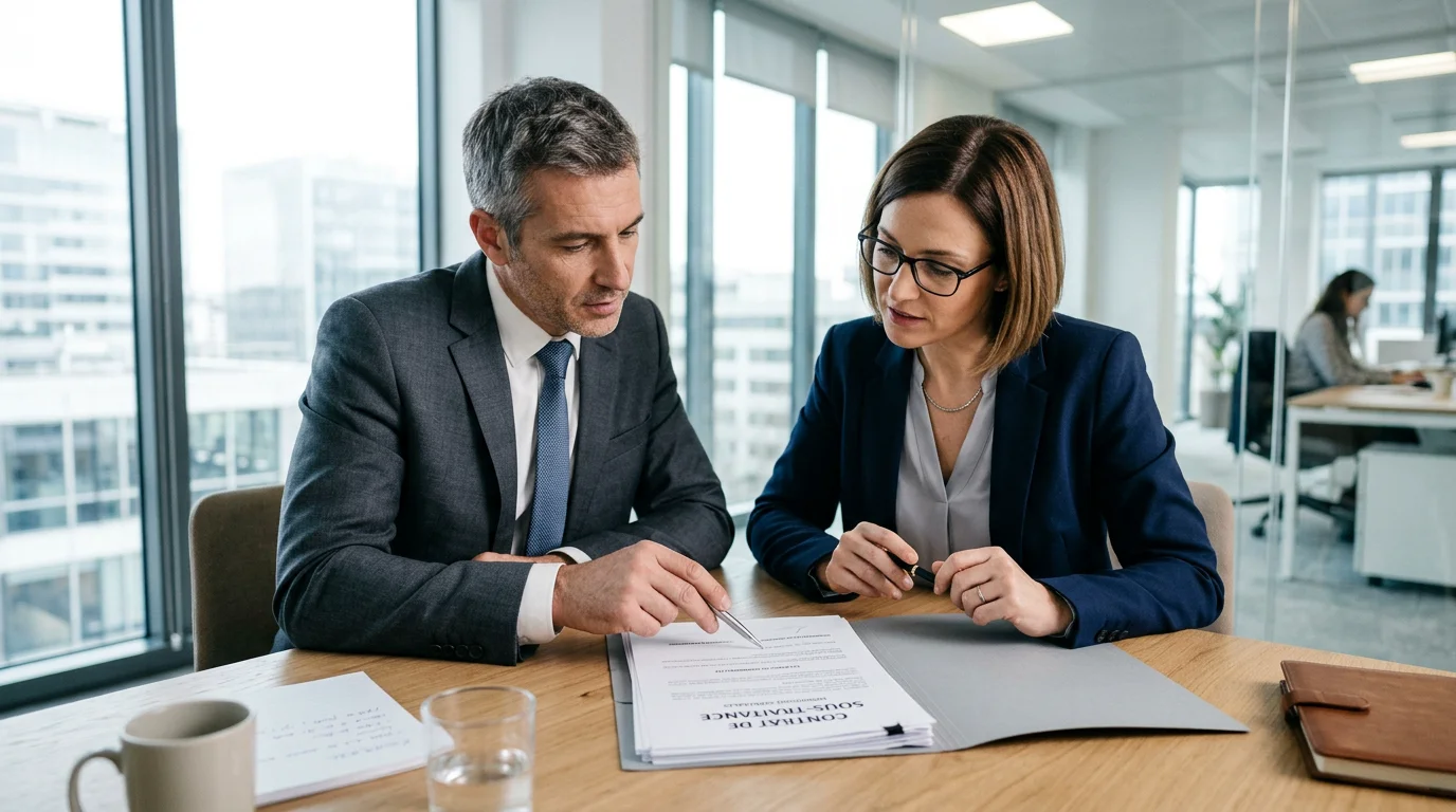 Deux responsables européens étudient un contrat de sous-traitance dans un bureau