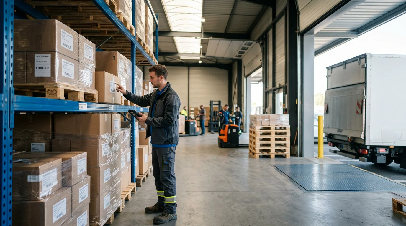 Logisticien européen préparant des colis pour livraison dans un entrepôt