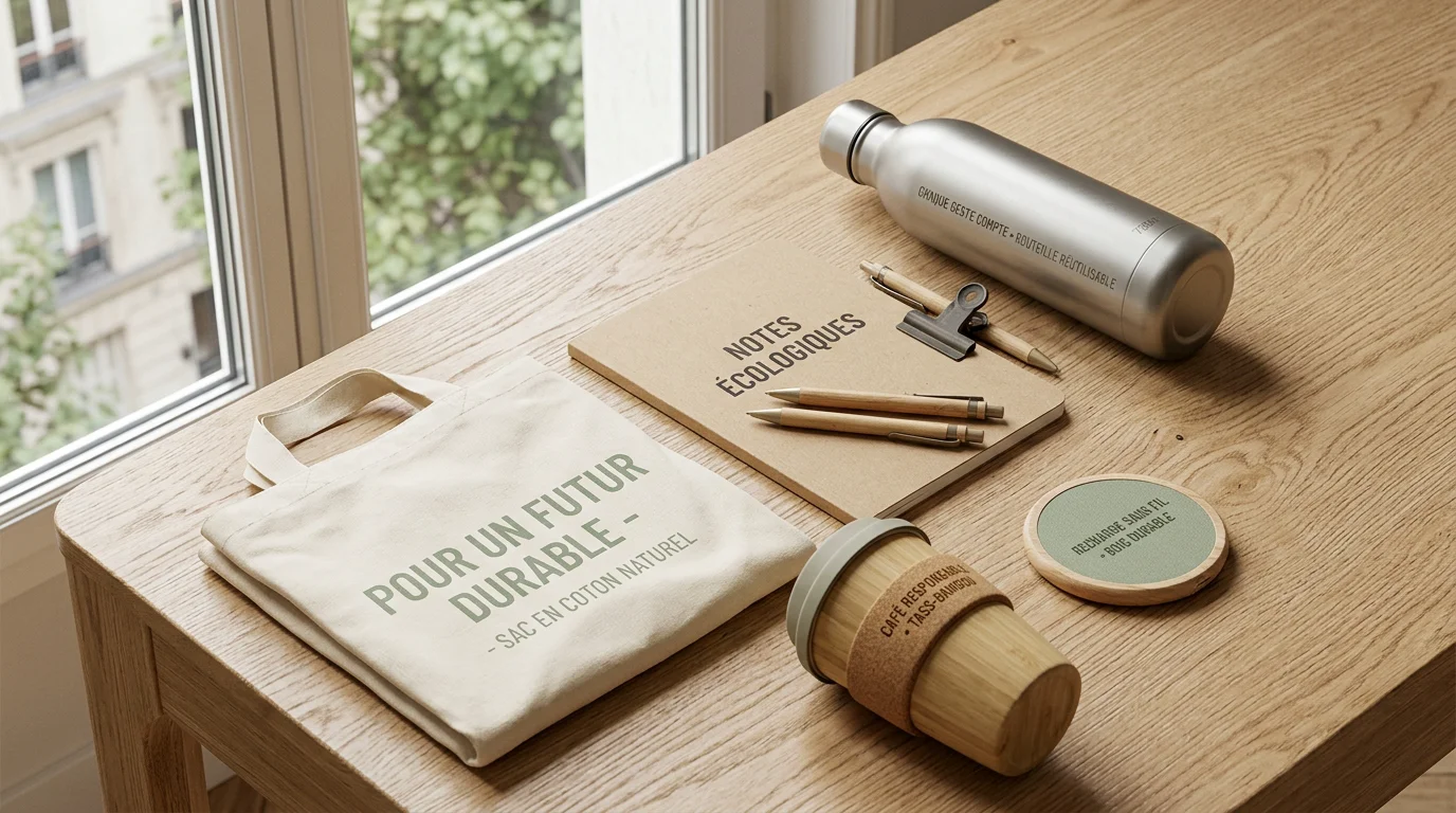 Sélection d'objets publicitaires éco-responsables posés sur un bureau en bois