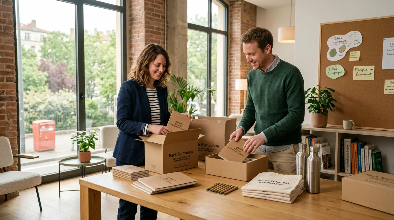 Équipe marketing préparant des welcome packs d'objets publicitaires responsables
