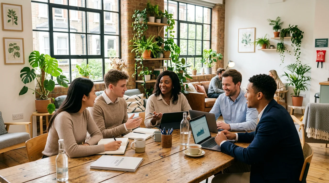 Professionals working together in a flexible coworking office space