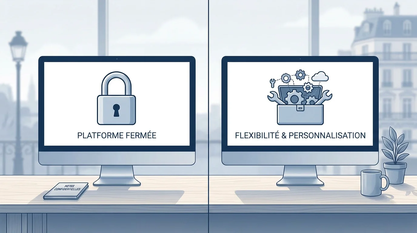 Comparaison visuelle entre une plateforme fermée et un CMS flexible pour illustrer la migration vers WordPress