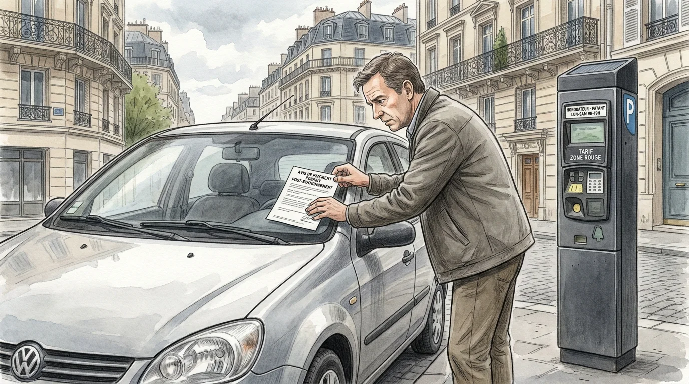 Automobiliste examinant un avis de paiement de forfait post-stationnement sur le pare-brise de sa voiture en France
