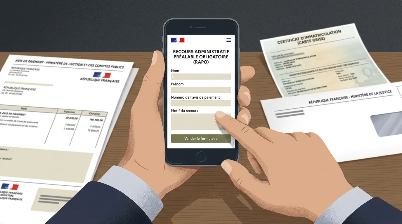 Smartphone affichant un formulaire de contestation RAPO avec documents administratifs français sur un bureau