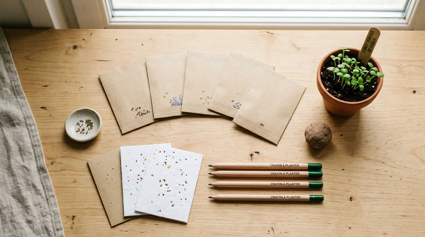 Assortiment de graines publicitaires : sachets, papier ensemencé et crayons à planter