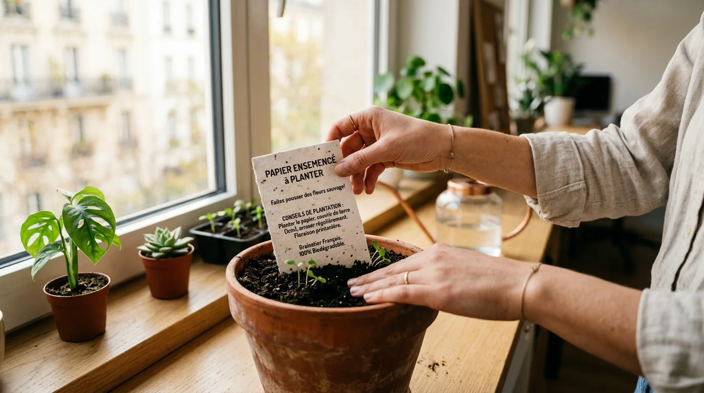 Personne plantant une carte en papier ensemencé dans un pot au bureau