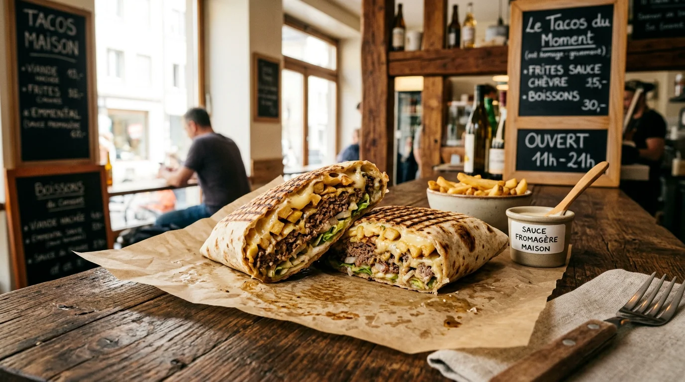 Gros plan sur un tacos français coupé montrant viande, frites et sauce fromagère
