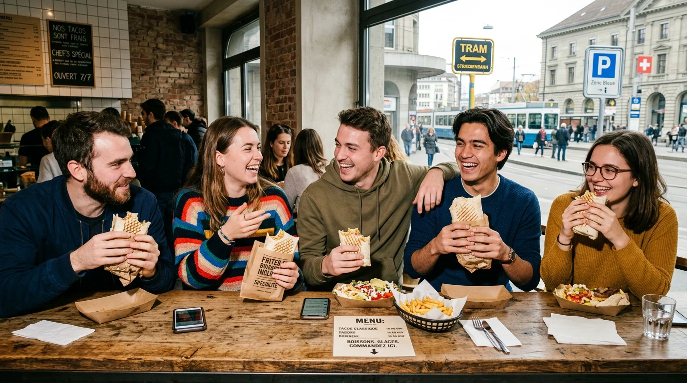 Jeunes adultes partageant des tacos français dans un fast-food urbain