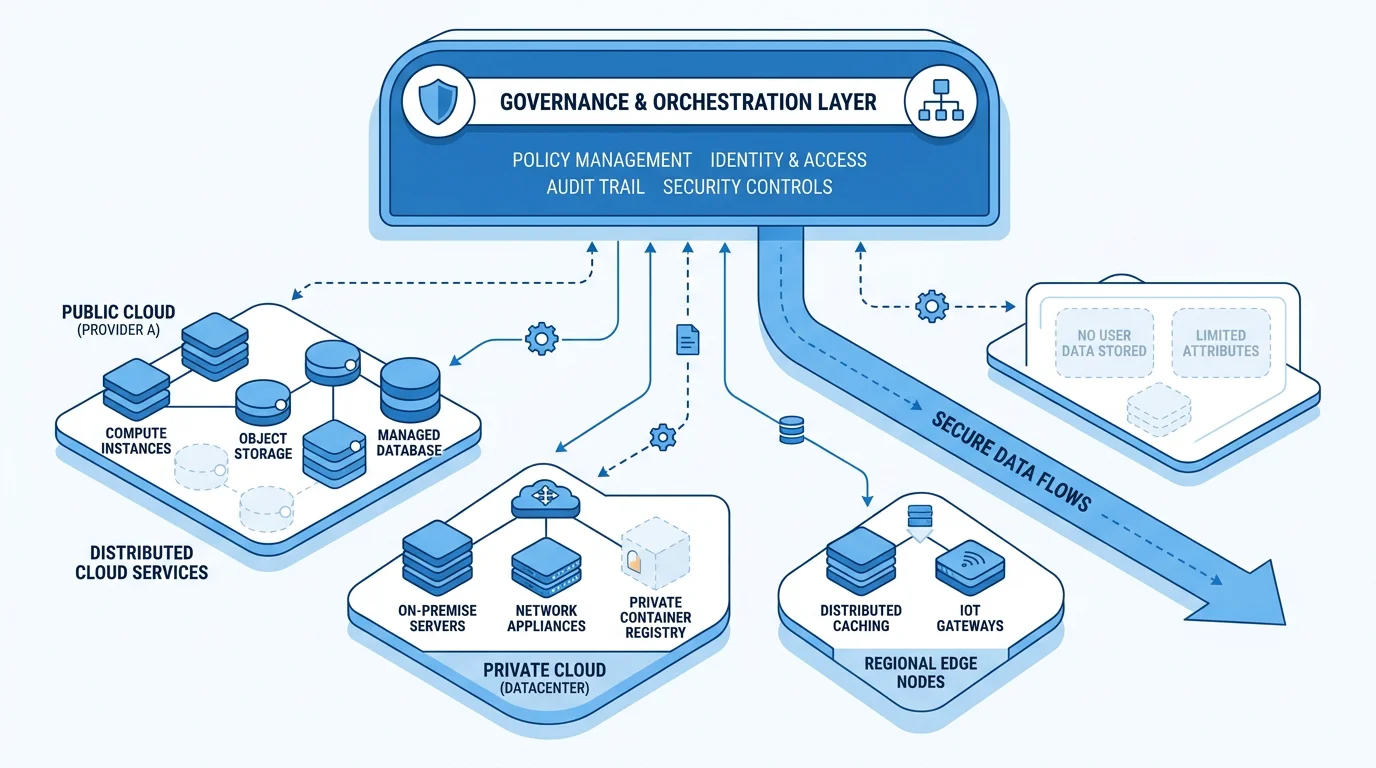 Governance and orchestration layer over distributed, data-minimal cloud services