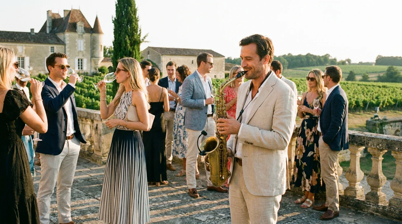 Saxophoniste en prestation live lors d'un cocktail en plein air en France